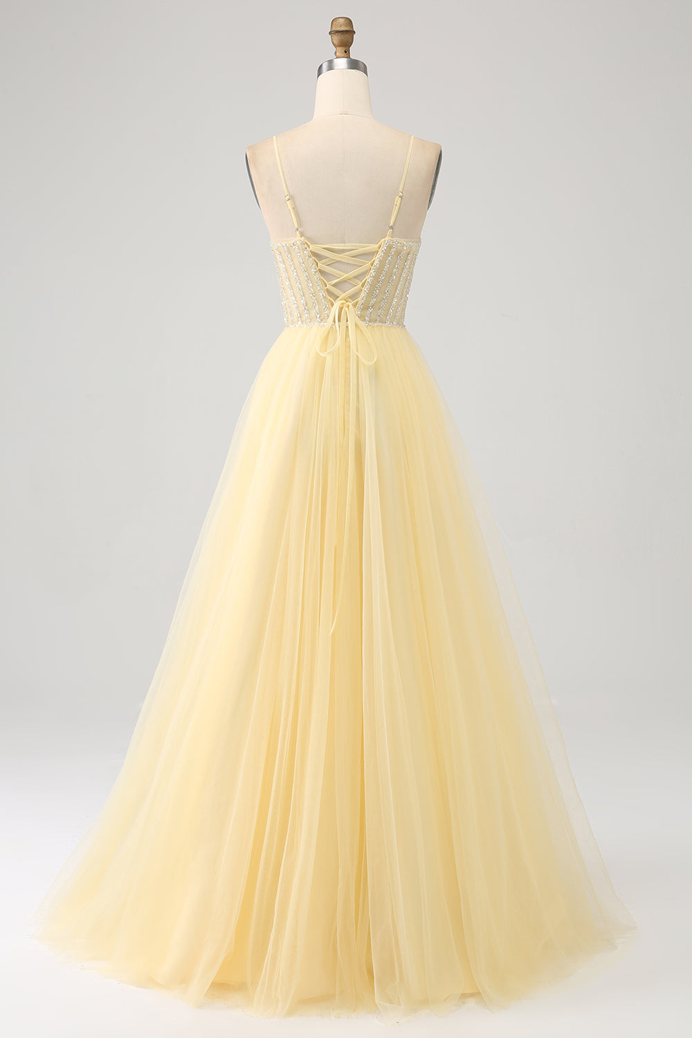 Wedtrend Women Light Yellow Prom Dress A-Line Spaghetti Straps Beaded Tulle Evening Dress with Slit WEDTREND Wedtrend Women Light Yellow Prom Dress A-Line Spaghetti Straps Beaded Tulle Evening Dress with Slit WEDTREND