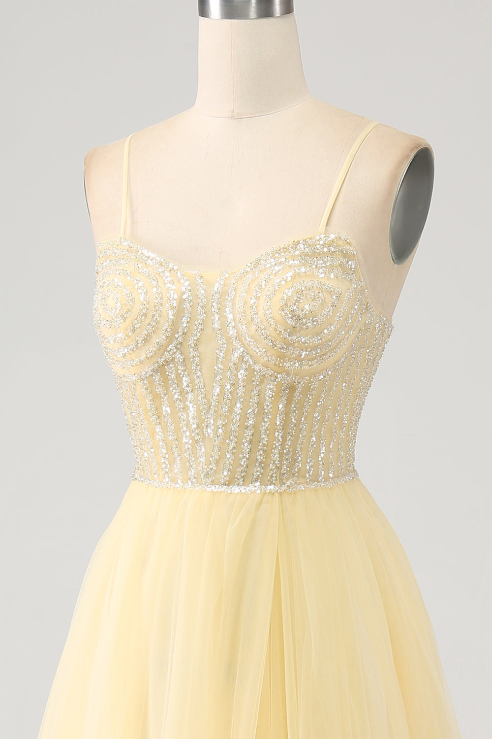 Wedtrend Women Light Yellow Prom Dress A-Line Spaghetti Straps Beaded Tulle Evening Dress with Slit WEDTREND Wedtrend Women Light Yellow Prom Dress A-Line Spaghetti Straps Beaded Tulle Evening Dress with Slit WEDTREND