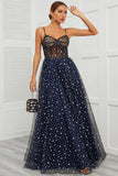 Navy A-Line Spaghetti Straps Mesh Long Evening Dress with Star