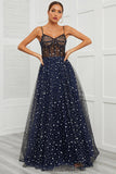 Navy A-Line Spaghetti Straps Mesh Long Evening Dress with Star