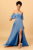 A Line Off the Shoulder Long Chiffon Bridesmaid Dress with Slit