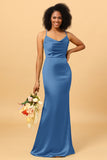 Mermaid Cowl Neckline Spaghetti Straps Long Satin Bridesmaid Dress