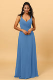 A Line V Neck Spaghetti Straps Floor Length Long Chiffon Bridesmaid Dress