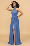 A Line Halter Ruched Floor Length Chiffon Bridesmaid Dress with Slit