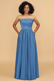 A Line Strapless Satin Floor Length Bridesmaid Dress with Pockets