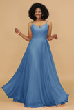 A Line Spaghetti Straps Chiffon Long Bridesmaid Dress