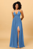 A Line V Neck Spaghetti Straps Chiffon Bridesmaid Dress with Slit