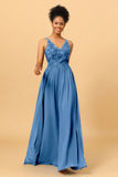 A Line V-Neck Long Chiffon Bridesmaid Dress with Lace