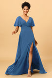 A Line V-Neck Long Chiffon Bridesmaid Dress with Slit