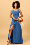 A Line Spaghetti Straps V Neck Chiffon Ruffled Long Bridesmaid Dress with Slit