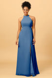 Sheath Halter Floor Length Open Back Chiffon Bridesmaid Dress with Slit