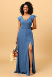 A Line V Neck Strapless Long Chiffon Bridesmaid Dress With Slit