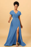 A Line V-Neck Ruched Chiffon Bridesmaid Dress with Slit