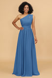 A Line One Shoulder Long Chiffon Bridesmaids Dress with Ruffles