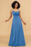 A Line Spaghetti Straps Floor Length Satin Bridesmaid Dress