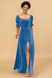 A Line Sweetheart Flare Sleeves Velvet Bridesmaid Dress with Slit