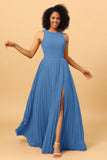 A Line High Neck Pleated Long Chiffon Bridesmaid Dress with Ruffles