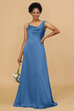 A Line Asymmetrical Neck Satin Floor Length Bridesmaid Dress