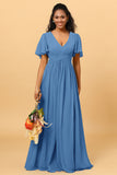 A Line V Neck Short Sleeves Chiffon Long Bridesmaid Dress