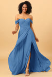 A Line Off the Shoulder Ruched Chiffon Bridesmaid Dress with Slit