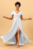 A-Line V Neck Ruched Long Chiffon Bridesmaid Dress with Slit