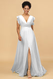 A Line V-Neck Floor Length Chiffon Bridesmaid Dress with Slit