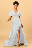 A Line V-Neck Long Chiffon Bridesmaid Dress with Slit