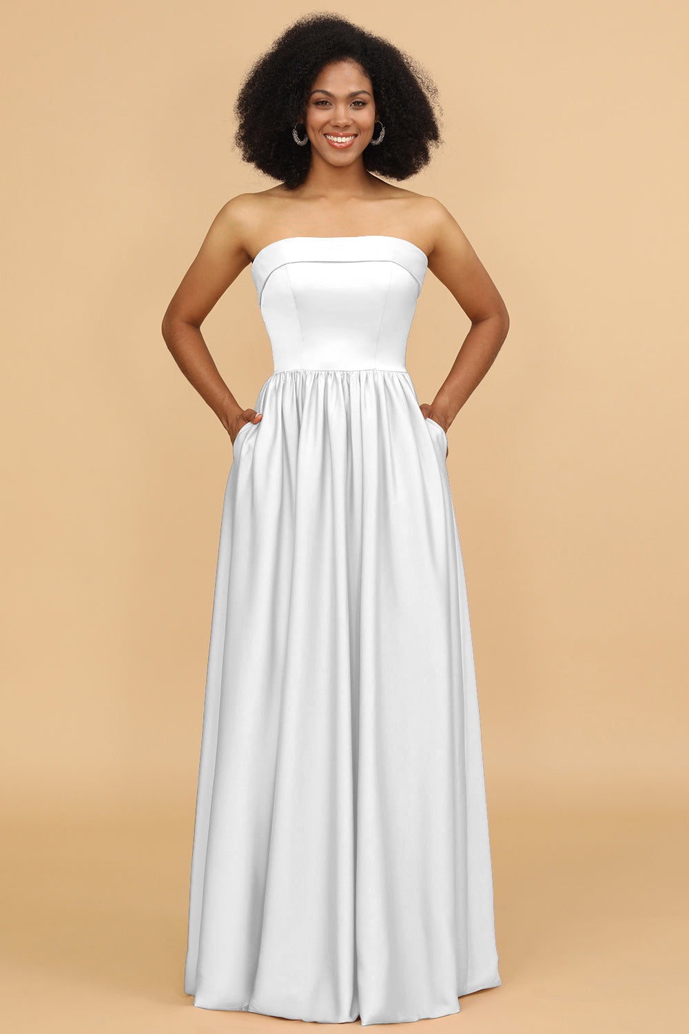 A Line Strapless Satin Floor Length Bridesmaid Dress with Pockets