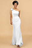 Mermaid One Shoulder Satin Long Bridesmaid Dress With Bowknot