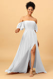 A Line Off the Shoulder Long Chiffon Bridesmaid Dress with Slit