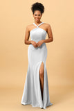 Mermaid Halter Long Chiffon Bridesmaid Dress with Slit