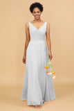 A Line V Neck Backless Chiffon Long Bridesmaid Dress