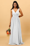 A Line V Neck Pleated Floor Length Long Chiffon Bridesmaid Dress