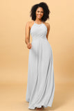 Sheath Halter Open Back Long Chiffon Bridesmaid Dress