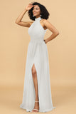 A Line Halter Ruched Floor Length Chiffon Bridesmaid Dress with Slit