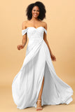 A Line Off the Shoulder Ruched Chiffon Bridesmaid Dress with Slit