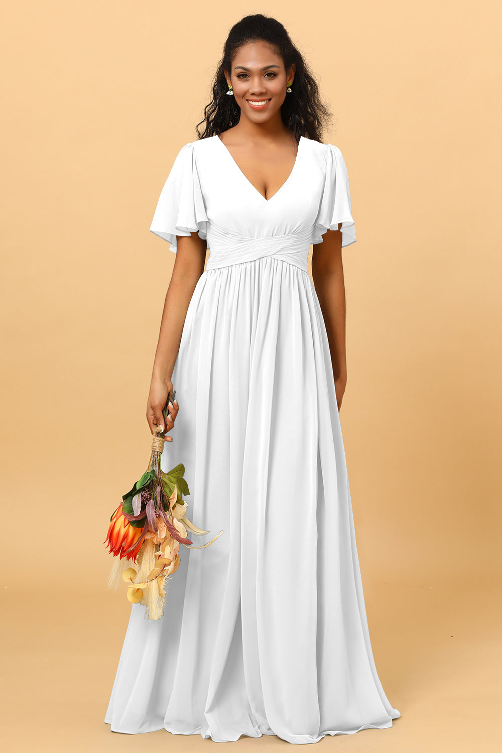 cotton bridesmaid dress Stacees Bridesmaid Dress A-line V Neck Long Chiffon Ruffles Split