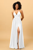 A Line V Neck Spaghetti Straps Chiffon Bridesmaid Dress with Slit