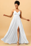 A Line Spaghetti Straps Ruched Chiffon Long Bridesmaid Dress with Slit