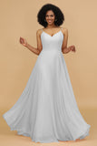 A Line Spaghetti Straps Chiffon Long Bridesmaid Dress