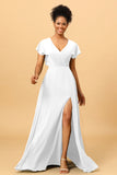 A Line V-Neck Ruched Chiffon Bridesmaid Dress with Slit