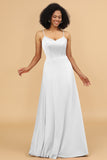 A Line Spaghetti Straps Floor Length Satin Bridesmaid Dress