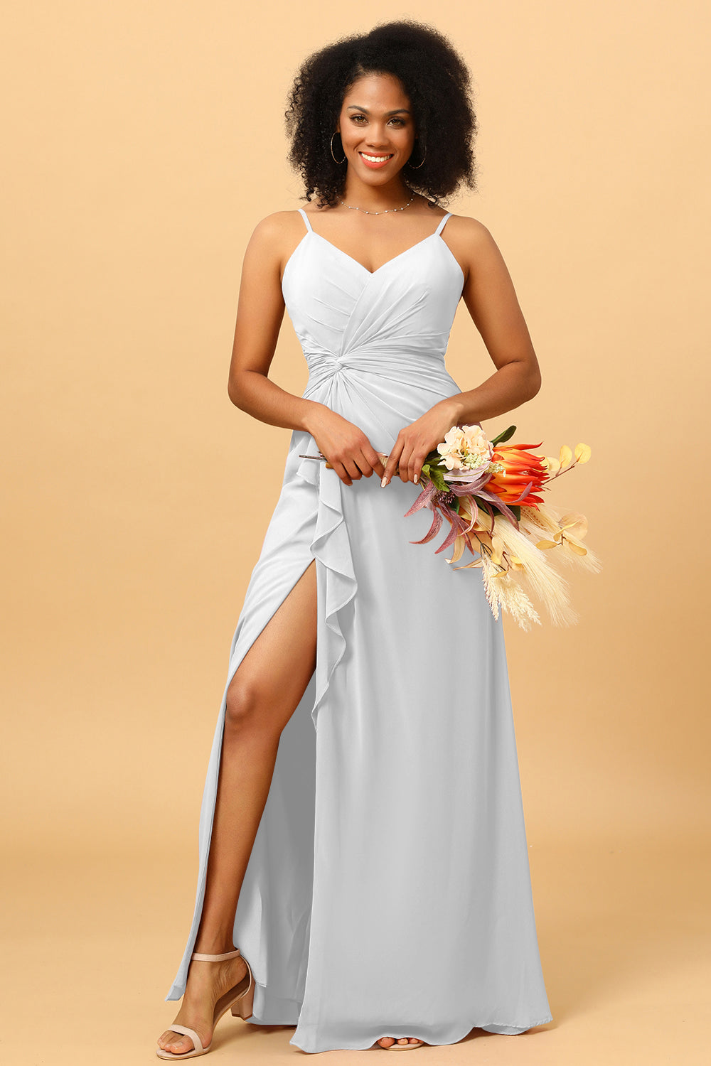 Wedtrend Women V Neck Chiffon Ruffled Long Bridesmaid Dress with Slit, Sky Blue