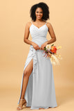 A Line Spaghetti Straps V Neck Chiffon Ruffled Long Bridesmaid Dress with Slit