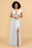 A Line Deep V-Neck Long Chiffon Bridesmaid Dress with Slit