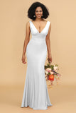 Mermaid V-neck Open Back Long Chiffon Bridesmaid Dress With Ruffles