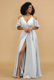 A Line Halter Cold Shoulder Chiffon Bridesmaid Dress with Slit