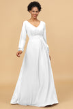 Long Sleeves V-Neck Chiffon Bridesmaid Dress with Bowknot