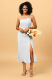 Sheath Spaghetti Straps Midi Chiffon Bridesmaid Dress with Slit