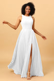 A Line High Neck Pleated Long Chiffon Bridesmaid Dress with Ruffles